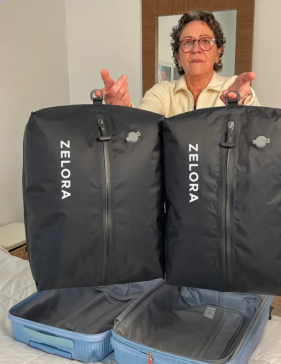 Kundin zeigt gepackte Kleidung